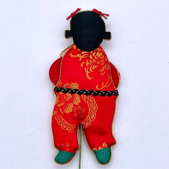 Vintage Oriental Lunar New Year Girl Red Envelope Silk Flat Figure Floral Pick - Picture 3 of 7